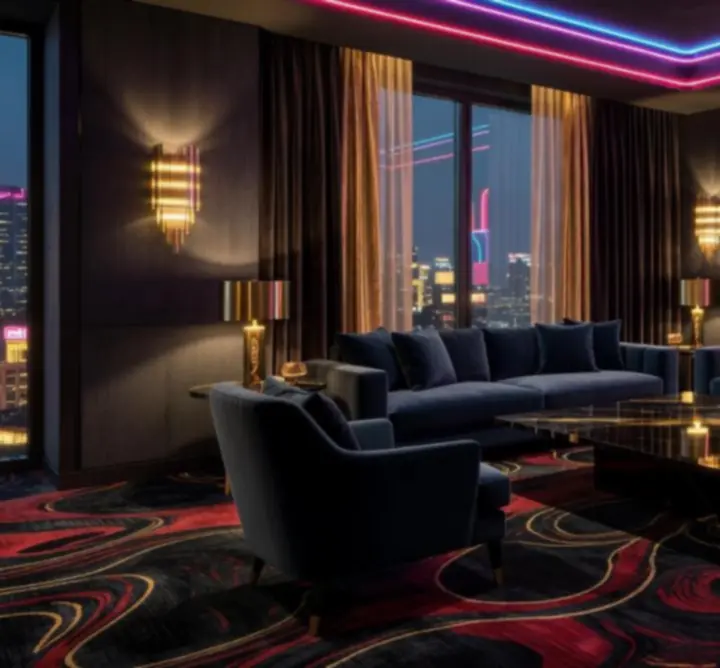 Nowoczesny wystrój pokoju z ciemnymi tkaninami i złotymi akcentami