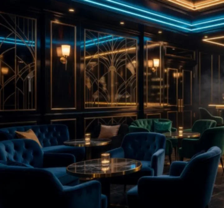 Elegancki bar nocny w hotelu z neonowym oświetleniem i złotymi detalami