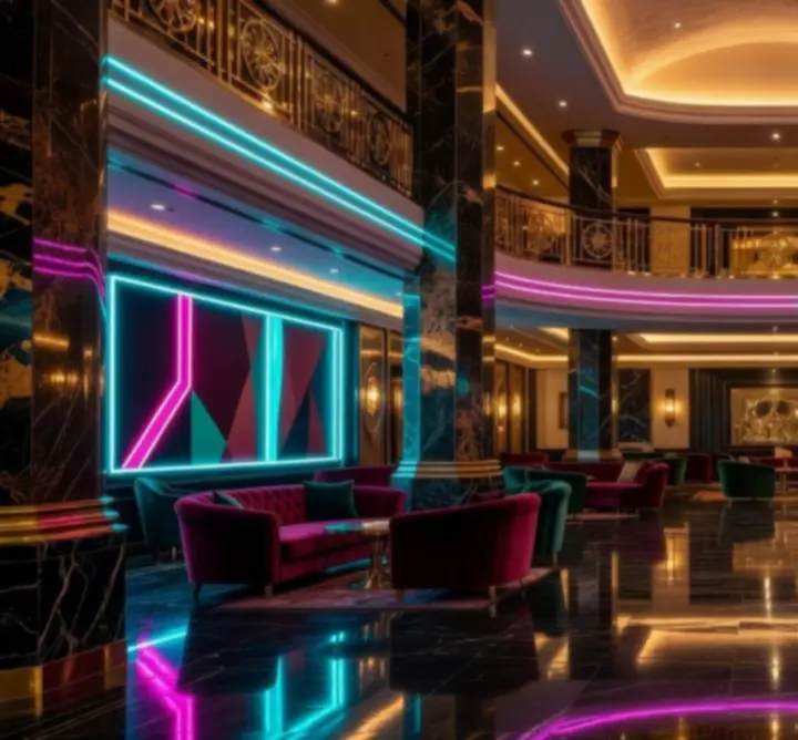 Eleganckie wnętrze hotelu z neonowym oświetleniem i ciemnymi, luksusowymi materiałami