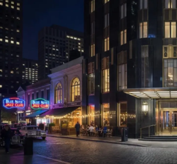 Elewacja hotelu nocą w otoczeniu tętniącego życiem miasta