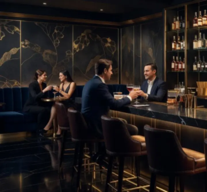 Nowoczesny bar koktajlowy w Lounge z podświetlonymi butelkami i złotymi detalami.