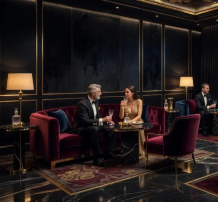 Eleganckie wnętrze Lounge w HotelNightLife z miękkimi fotelami i neonowym oświetleniem.