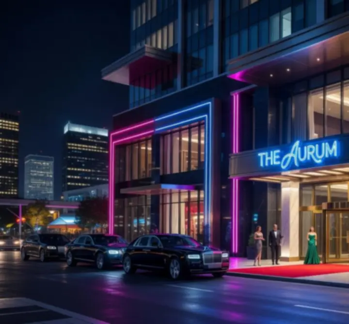 Nowoczesny kasyno-hotel nocą z neonowym oświetleniem