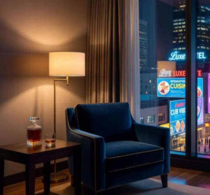 Widok na rozświetlone neonami nocne miasto z pokoju hotelowego